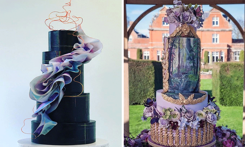 dramatic purple creative wedding cake