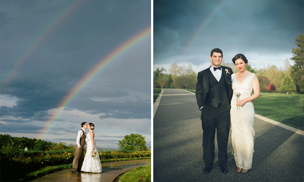 wedding in the rain rainbow photo