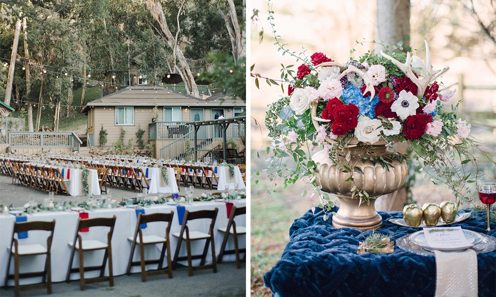 red, white, and blue wedding decor and flowers