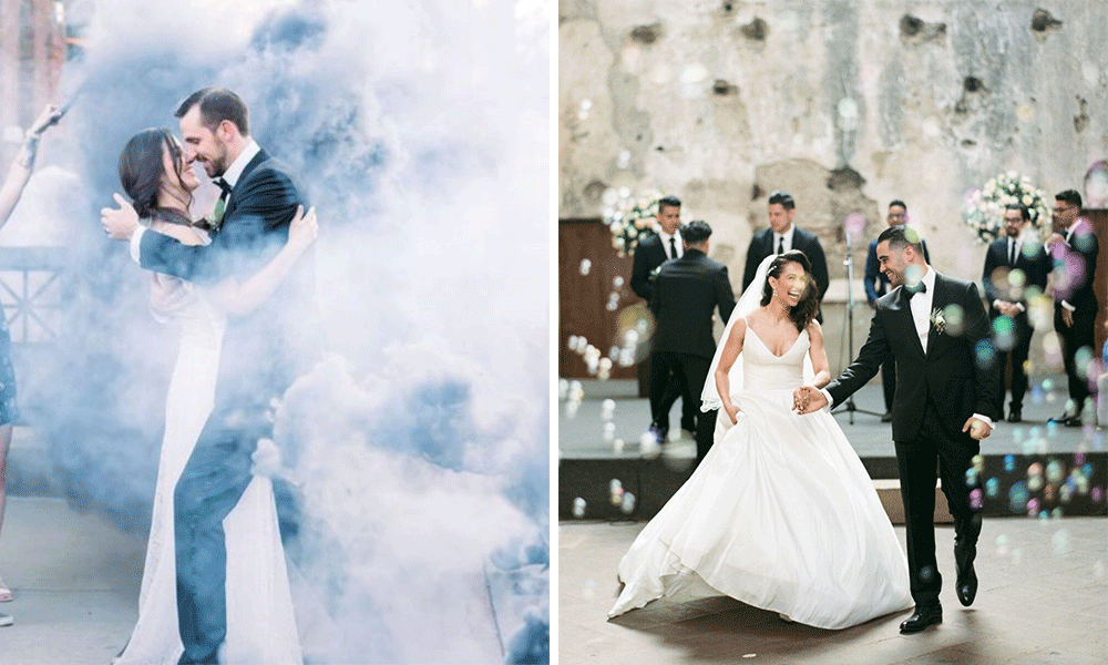 smoke bombs and bubbles wedding