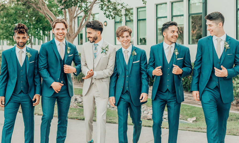 Groom with his mates for a teal themed wedding