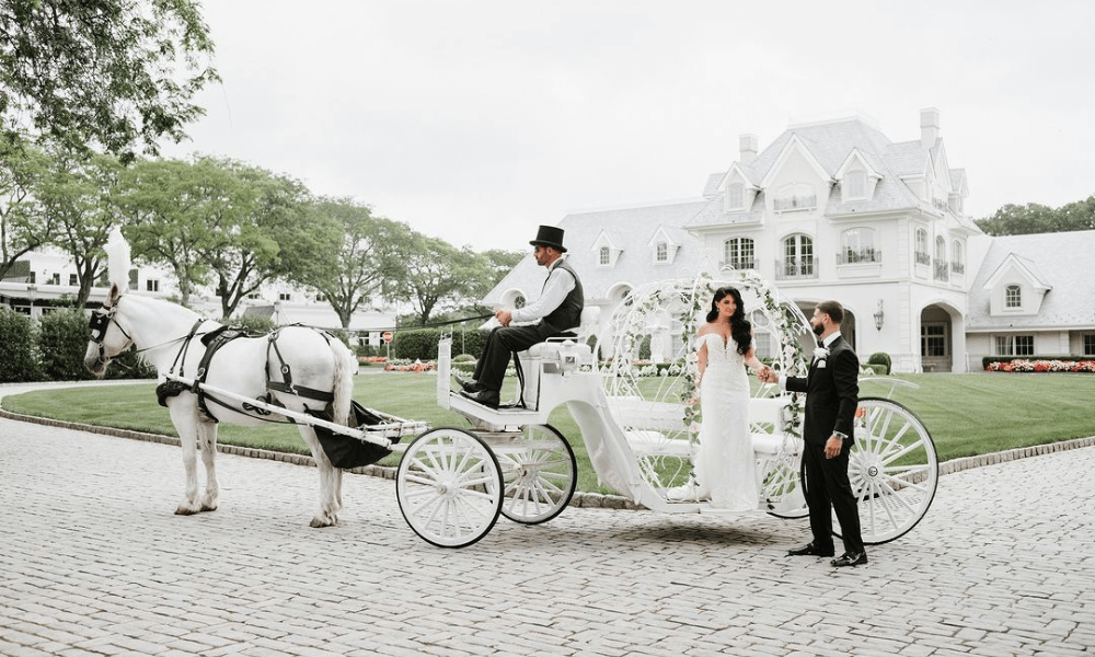 grand entry of bride and groom in horse carriage 