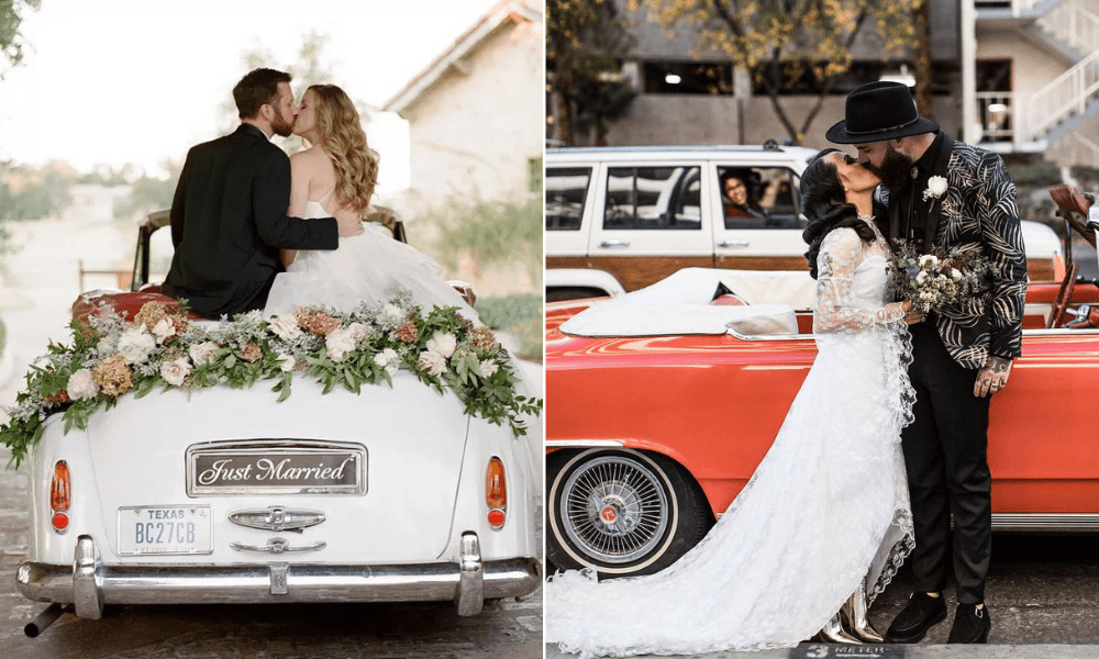 Bridal entry by vintage cars 