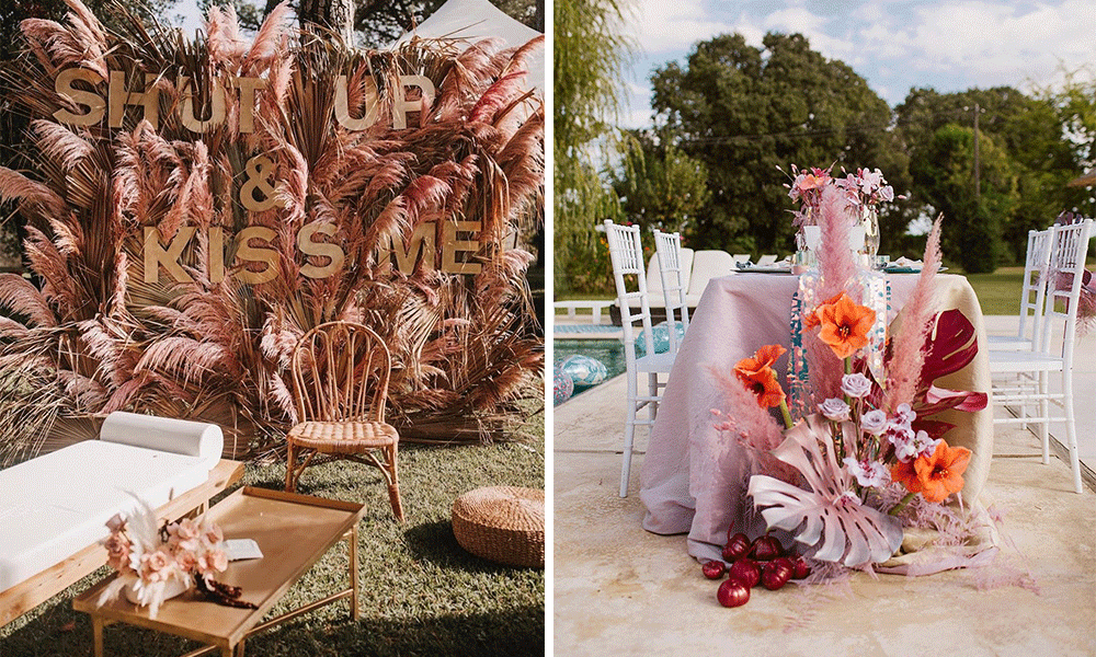 colored pampas grass wedding decor