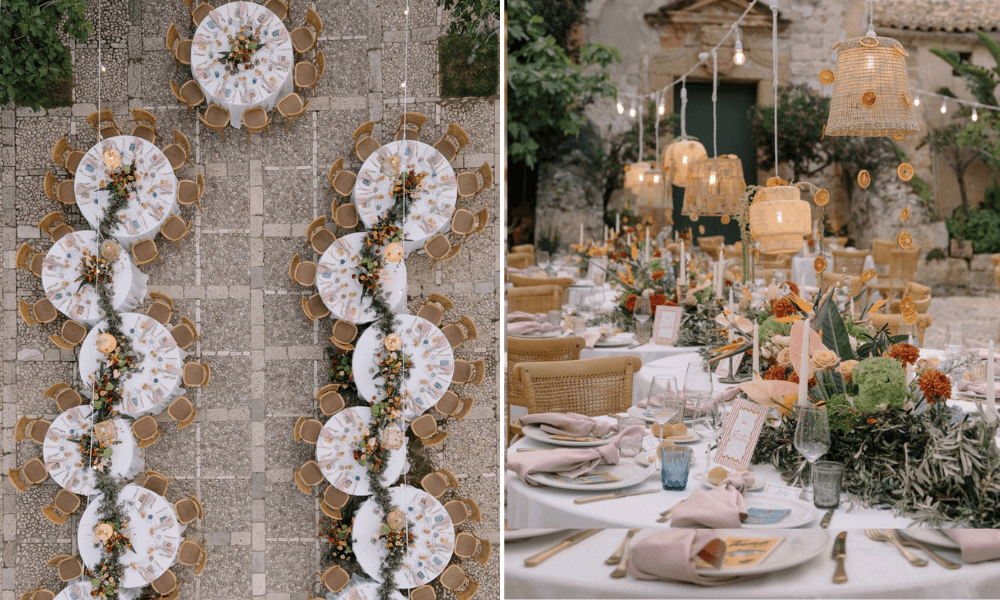Rustic wedding tablescape with dried flowers and vintage lanterns.