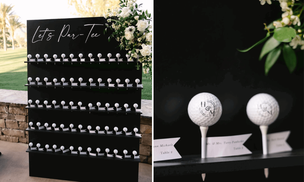 A golf-inspired seating chart featuring golf balls