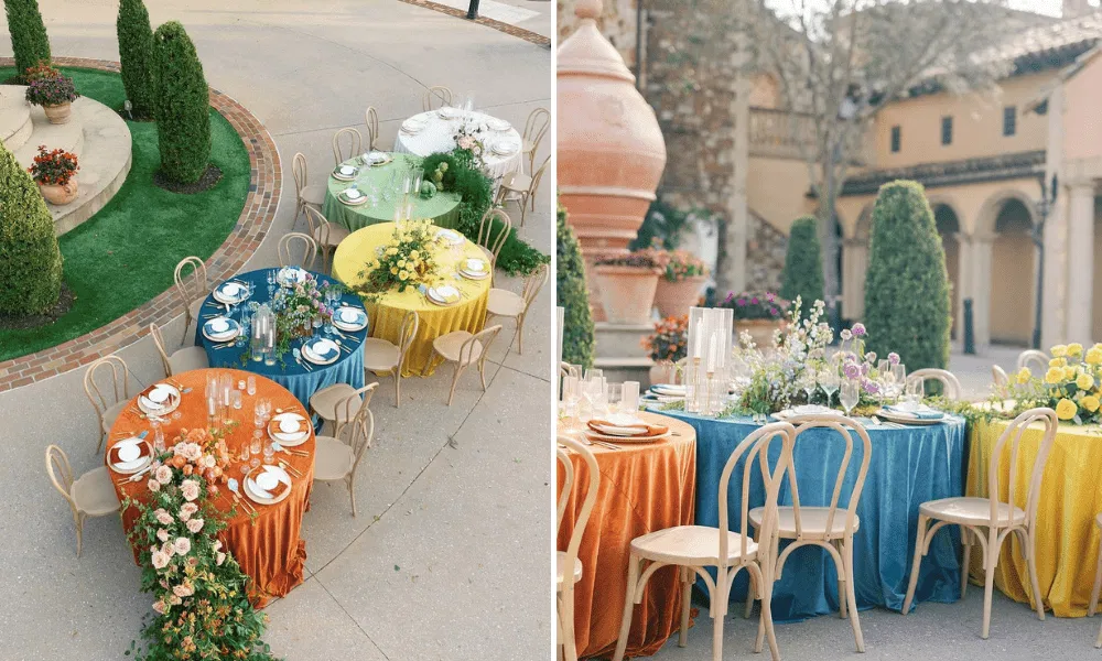 A round table featuring breathtaking colorful linens