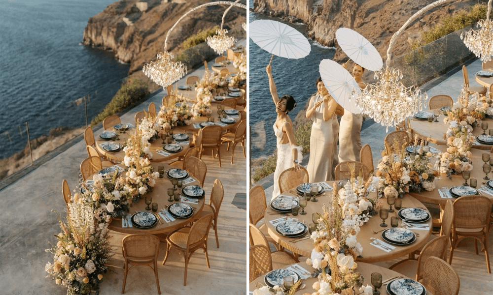 Elegant round table setup for a cliffside dinner overlooking the Aegean Sea, bathed in golden sunset light with panoramic views of Greece’s dramatic coastline