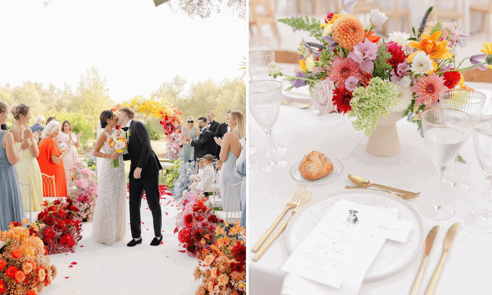 A couple exchanging their vows in a colourful setting featuring vibrant florals