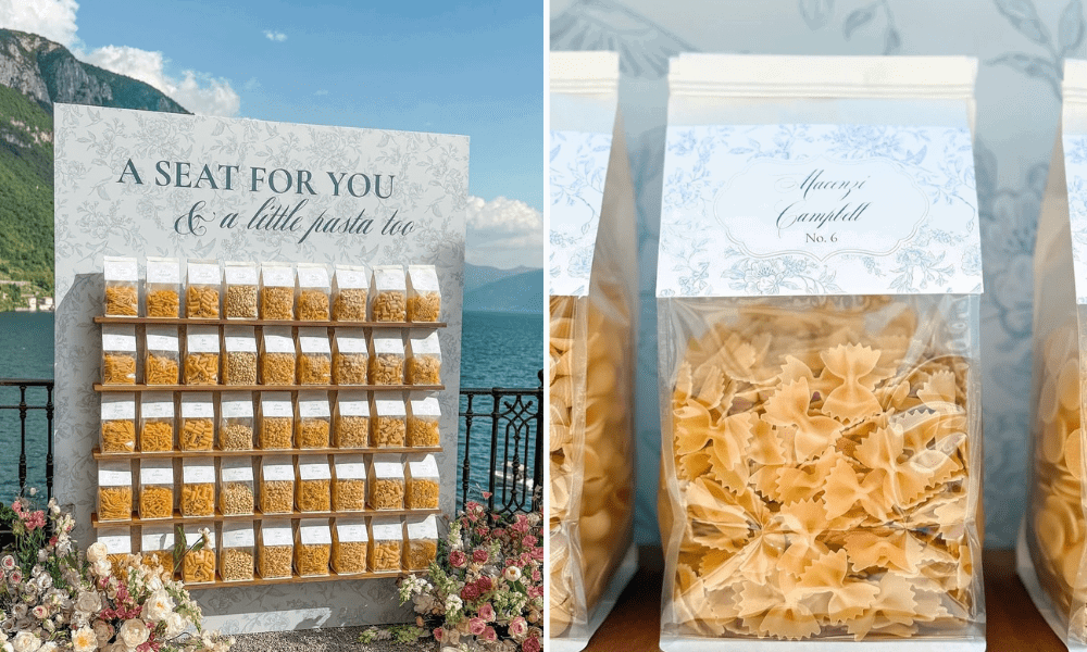 A whimsical wedding seating chart creatively designed with pasta elements, adding a playful and unexpected touch to the celebration