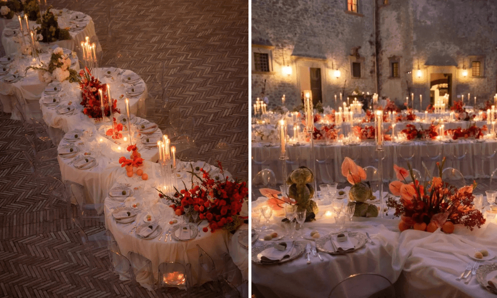 A vision of flickering candlelight, cascading scarlet florals, and artfully draped tablescapes