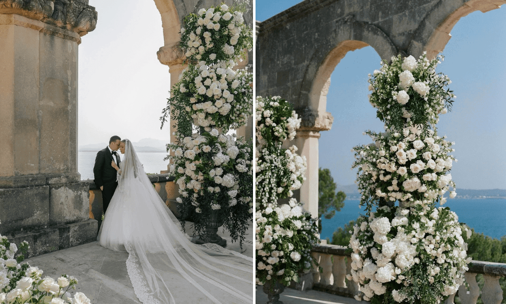 An couple posing posing during their destination wedding in Mallorca
