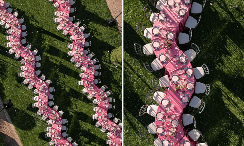 Curved pink serpentine tables arranged in a lush garden with vibrant flowers and winding paths