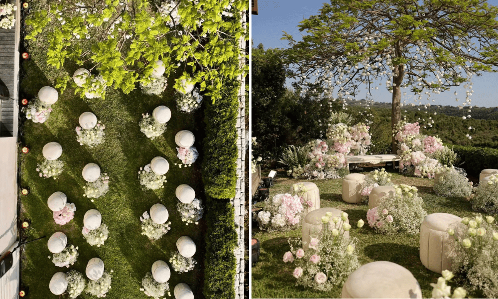  A sea of cream poufs replace the classic chairs on this breathtaking aisle