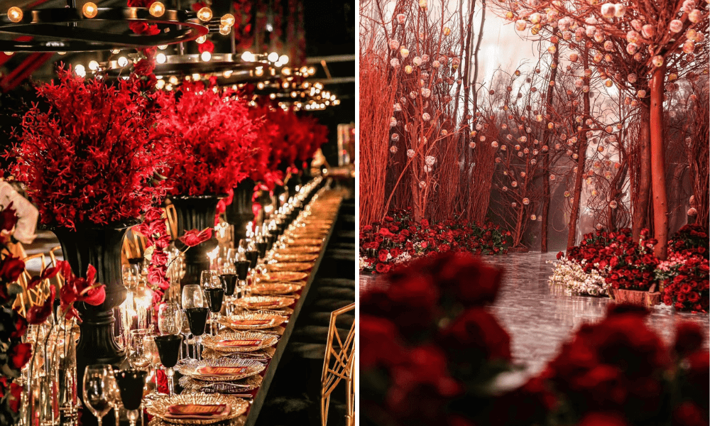 Deep red hues in the form of a forest and a tablescape featuring hints of black tableware