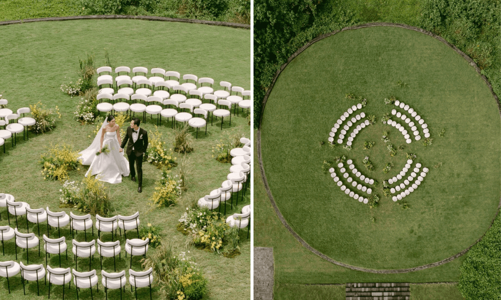 A circular wedding ceremony seating arrangement 